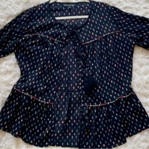 Star Scene Black Floral Peasant‎ Blouse Ruffle Sleeves Boho Cottagecore Size L - Picture 6 of 13